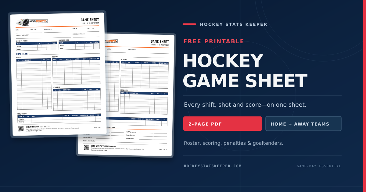 The actual two-page Hockey Stats Keeper game sheet PDF displayed together, with home and away team scorekeeping sections.