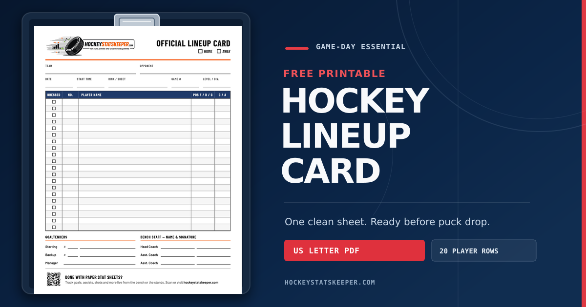 Promotional composition featuring the actual blank Hockey Stats Keeper official lineup card PDF on a clipboard against a navy rink-inspired background.