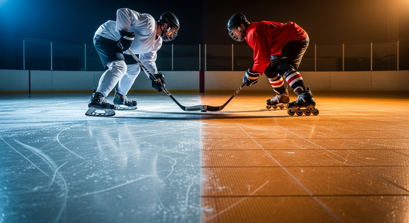 Hockey player skating hard on inline roller skates on an outdoor sport court in summer afternoon light